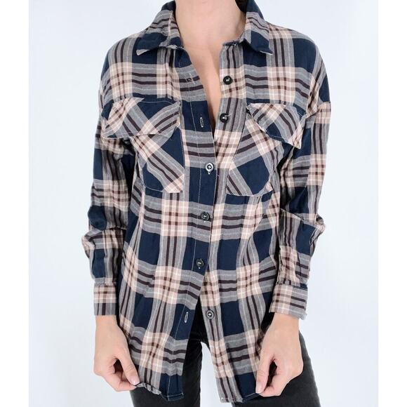 Women's Navy & Brown Plaid Flannel Size Small - Picture 2 of 4